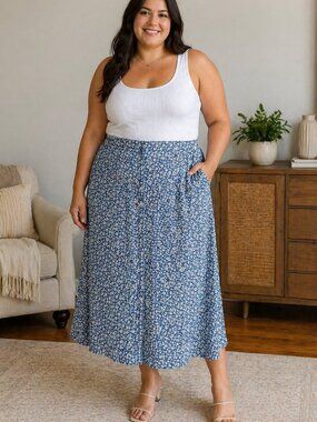 MAX STUDIO London Blue Floral Button Front Midi Skirt Size XL 🌼